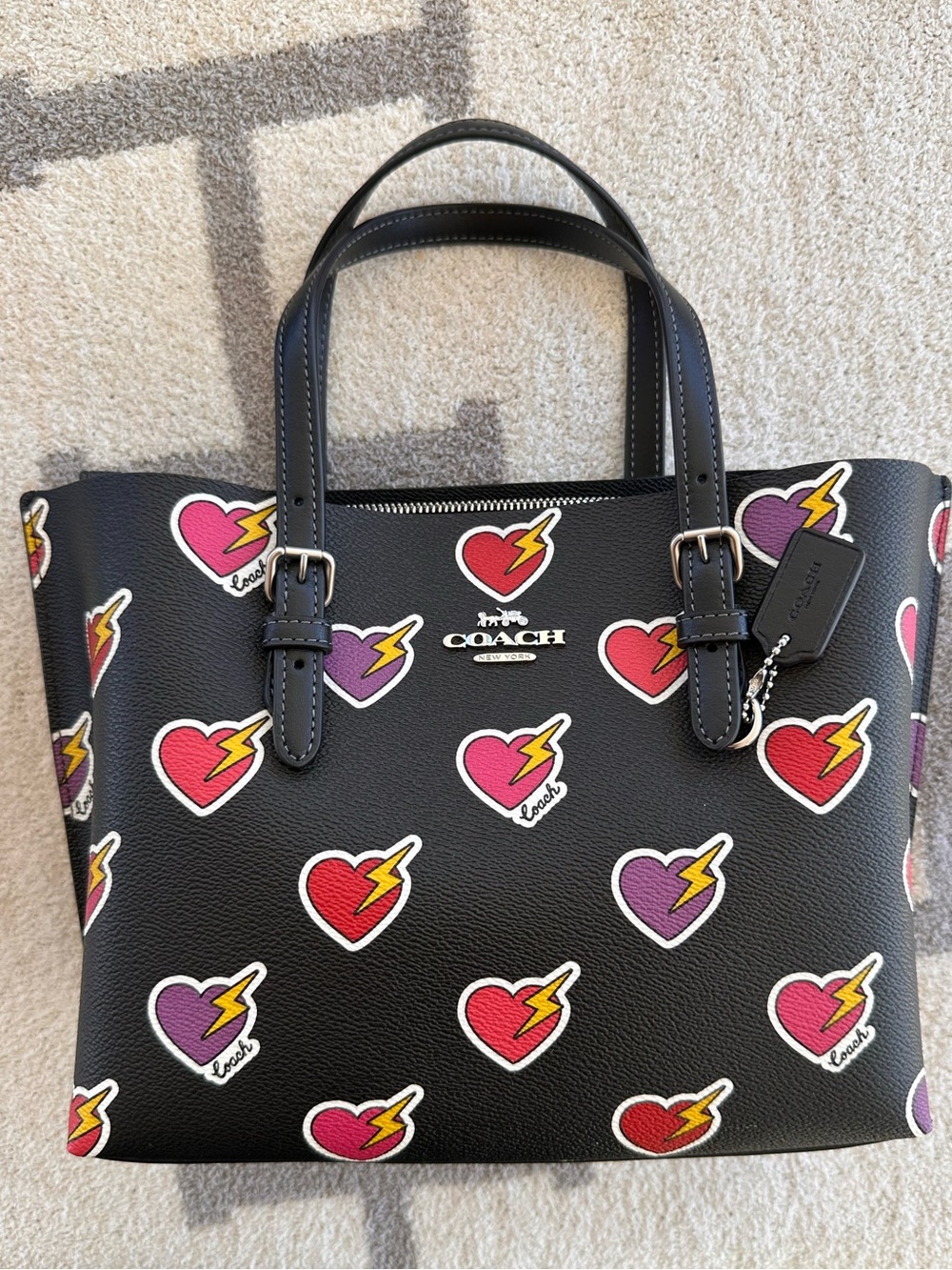Coach Black Leather Tote with Colorful Heart & Lightning Motif